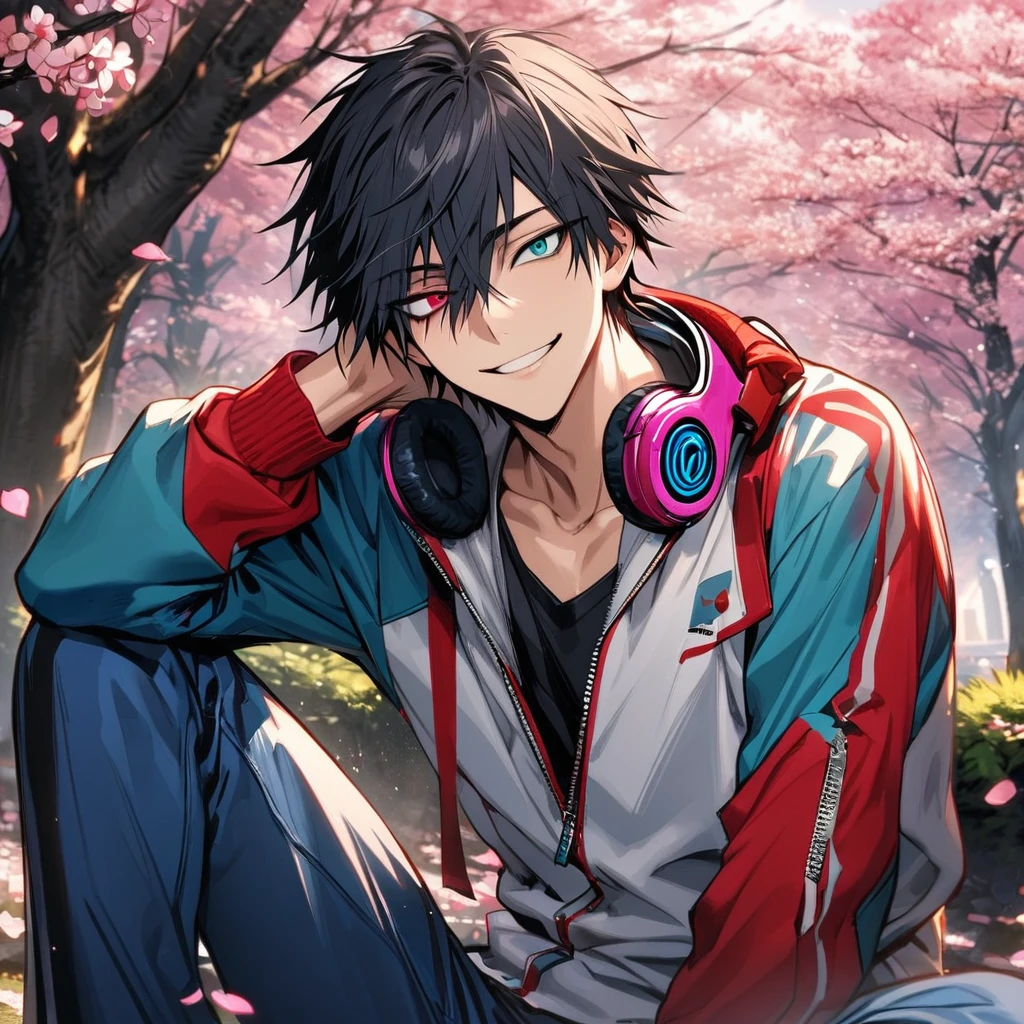 absurdres, highres, ultra detailed, HDR, master piece, best quality, Yamada Ichiro, chin length black hair, Hypnosis Mic, heterochromia, left eye is red, right eye is green, a white hoodie with two zippers, red varsity jacket with blue sleeves, red headphones around his neck, blue pants, solo, sexy man, handsome, smile, spring, blossoms, trees, pink petals, pink butterflies