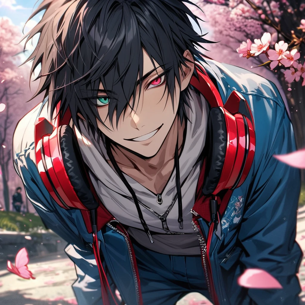 absurdres, highres, ultra detailed, HDR, master piece, best quality, Yamada Ichiro, chin length black hair, Hypnosis Mic, heterochromia, left eye is red, right eye is green, a white hoodie with two zippers, red varsity jacket with blue sleeves, red headphones around his neck, blue pants, solo, sexy man, handsome, smile, spring, blossoms, trees, pink petals, pink butterflies