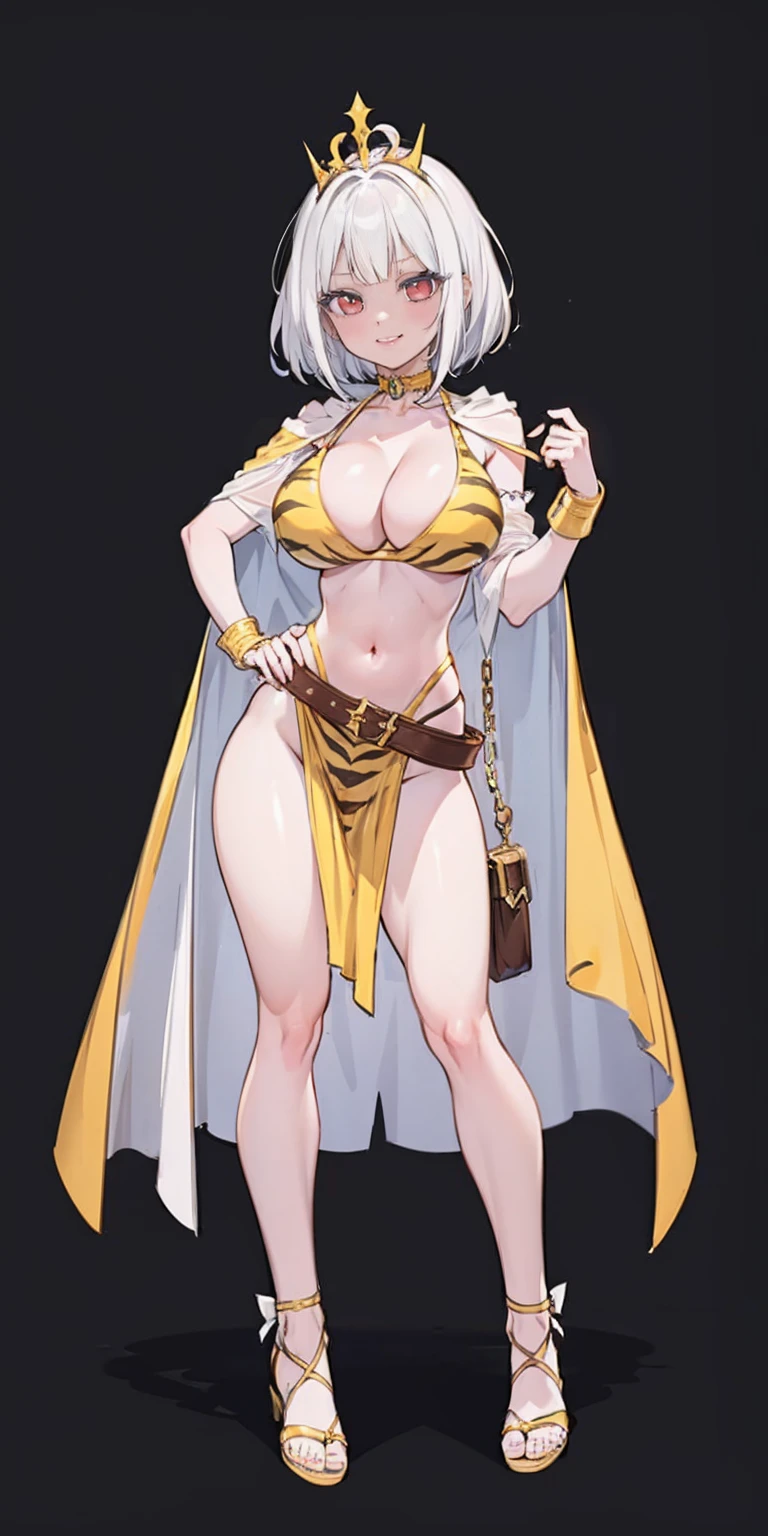 ((BLACK BACKGROUND 1:2, masterpiece)) 1solo female full body MILF BIMBO standing straight symmetrical with two long thighs and two metal sandals, red eyes like rubies, eye focus looking to the viewer, silver white hair, short bob style hair, big knockers breastplate, breastplate, cleavage, tiara royal, long cape up to two feet, yellow bikini (yellow tiger stripes), lustful smirking smiling, smile face (red blushed, red cheeks), pauldrons metal shoulders, gold sleeveless bracelets, separate sleeves, hands on waist hands OR hips, golden bracers, metal handcuffs, leather corset, red loincloth, black leather choker slave collar, shackles bracelets, slave red crest under navel, navel, big belt around waist OR hips, feet together, metal ankle, two long thighs and two metal sandals