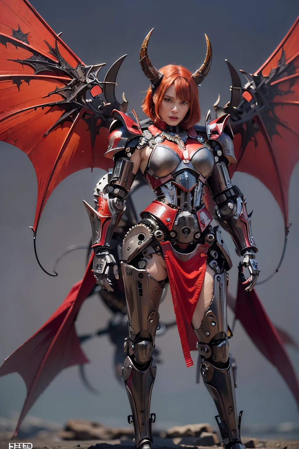 score_9, score_8_superior, score_7_superior,Mechanical demon woman、Detailed robot arm、Detailed robot leg、Detailed mechanical body、Detailed gears、Wolf-like Fangs、Bull-like horns、Large bat-like wings、Devil&#39;s Tail、Red glowing eyes、black sheer dress、Elaborate and detailed faces、Ideal body type、Big Breasts、Tiny and detailed waist、In the background is a gothic castle surrounded by a moonlit forest、mecha、DonMSt34mPXL、Cowboy Shot、