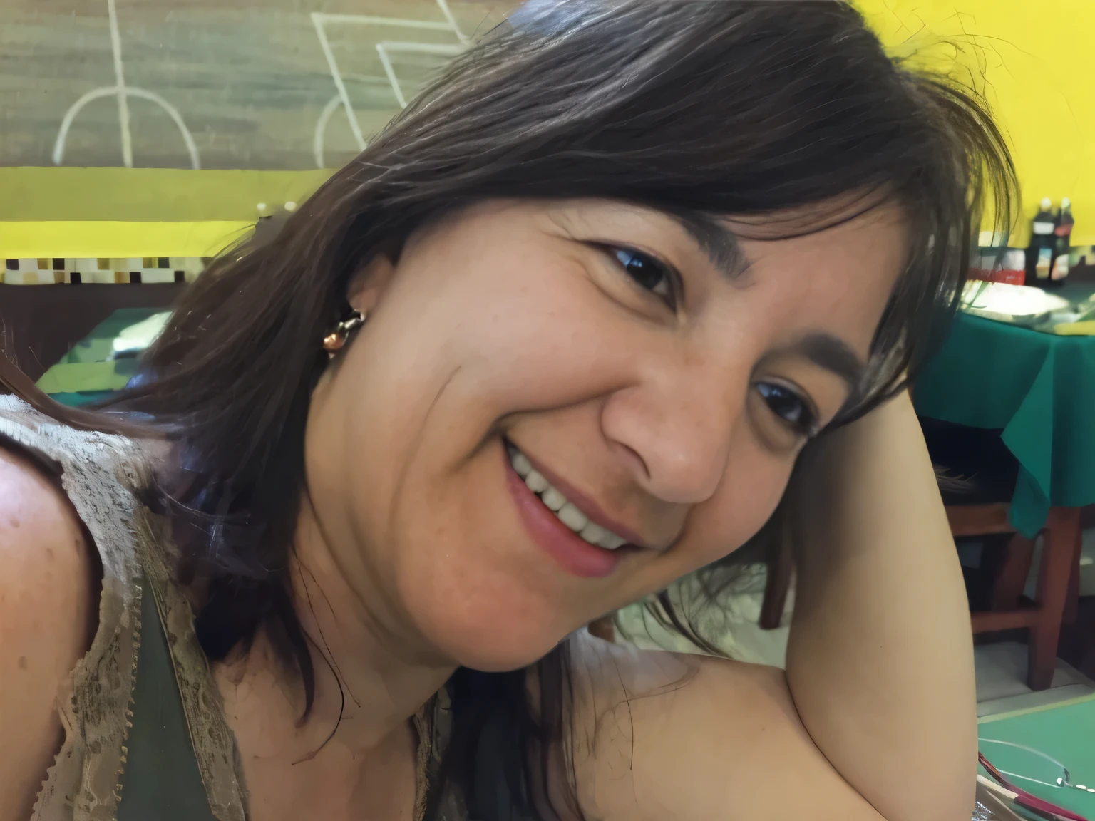 smiling woman sitting at a table with a plate of food, smiling happily at the camera, profile picture, looking happy, 40s woman, smiling lasciviously, having fun, action pose, triumphant pose, full figure close-up. Slender body, slim waist, perfect face. Her body exudes glamor and her face is the definition of beauty. Test, highly realistic, reddish skin, beautiful, slightly full lips, red lipstick, feeling of lightness and joy, hyper-realism, very elaborate skin, direct look. Clear, high-quality photo. Beautiful woman, extremely sexy, very sensual. Masterpiece: 1.3, high resolution, (photographically realistic), 8k, NUDE, NUDITY, NFSW.