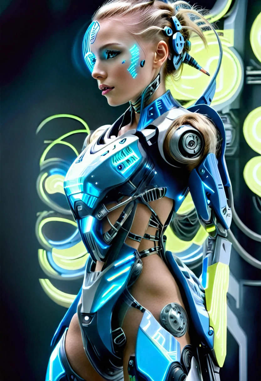 Bio mechanical cyborg girl, full body view, 