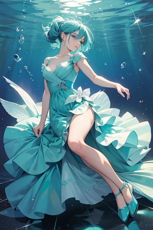 She is an aqua-blue with light teal lips and light aqua-green fins. She wears a purple dress and black shoes. In her older appearances, her arms were colored aqua-blue like her skin and the outline of her lips was colored black instead of its default dark teal out line. In her even older appearances, her eyes were closer, she had no shoes, and lacked arm detailing. . SPARKLE; GLITTER