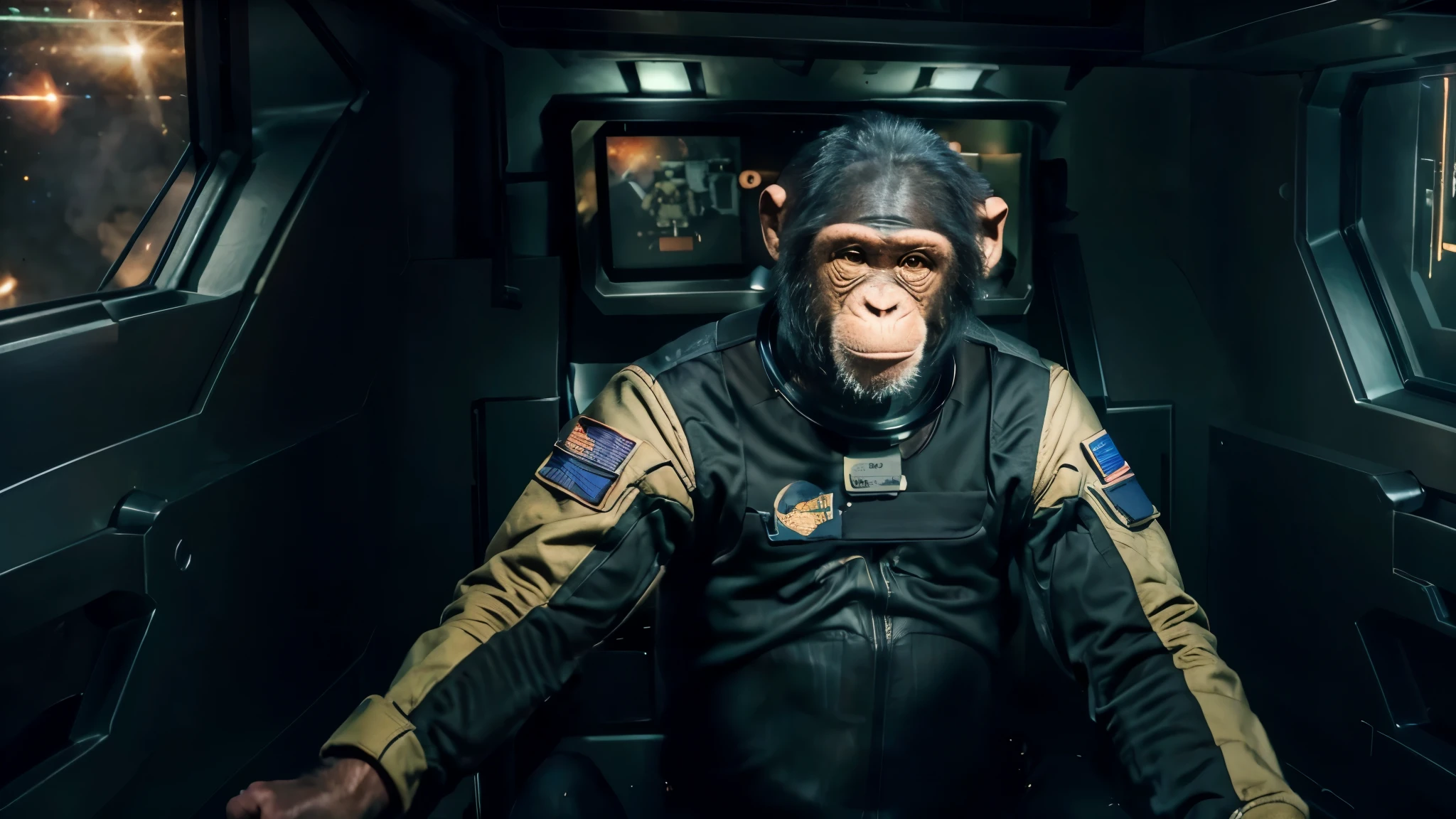 ((a chimp pilot in a space suit and cockpit controlling a space tug in outer space)), masterpiece, best, photo realistic