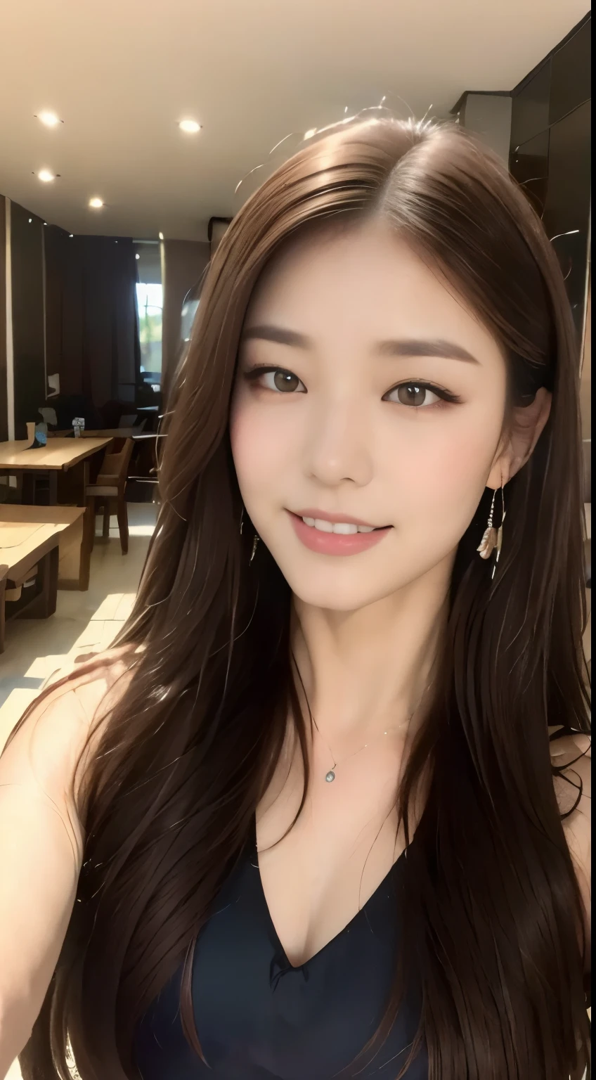 ((highest quality, 8k, masterpiece :1.3)), One girl, Selfie, close, smile, Slim face, Beautiful woman, (Dark brown hair), Big Breasts:1.2,Full-length dress :1.1, Highly detailed face, Fine grain, double eyelid,  Blur the background, Slim face, city, outside, street, sunny, null, nature