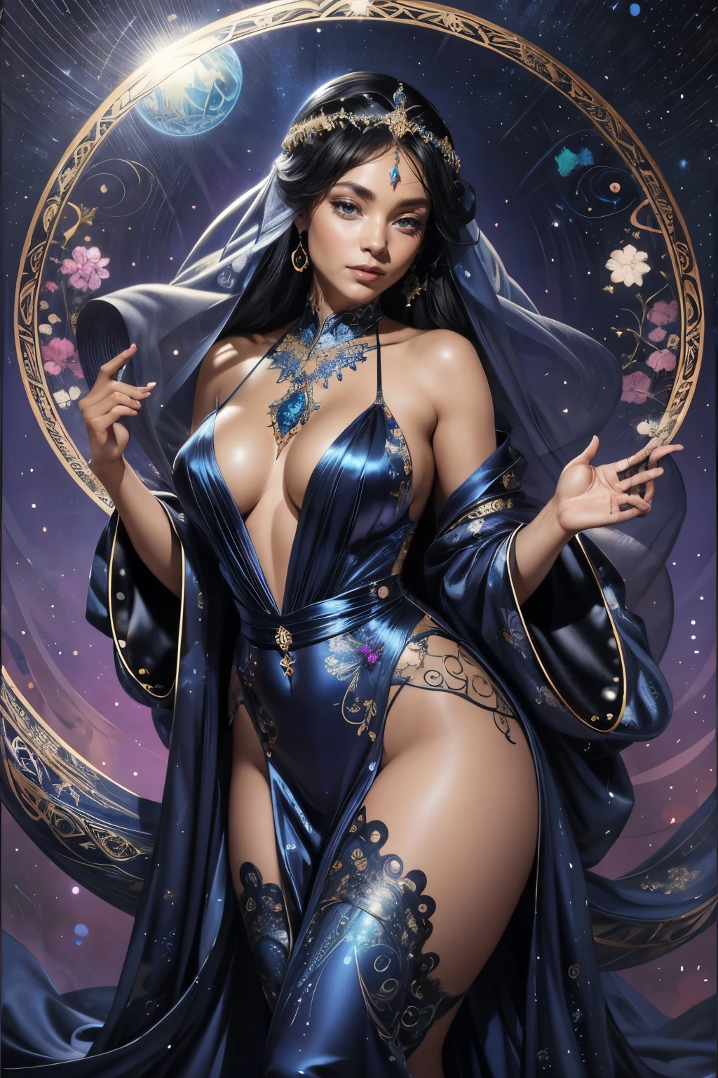 Captivate your senses with a mesmerizing portrayal of a Black Nubian woman, dressed in an elegant, glittering blue silk kimono. Her curves beautifully accentuate her hourglass figure, and she gracefully plays the harp in a serene dojo. A curtain of iridescent, shimmering blue strings separates her from the viewer, adding an alluring veil of mystery.
This hyperrealistic image, rendered in stunning 32k ultra HD, is brought to life using Unreal Engine, creating vibrant, beautiful colors that jump off the screen. Artgerm's unique stylistic touches add depth and intrigue to every detail, from her