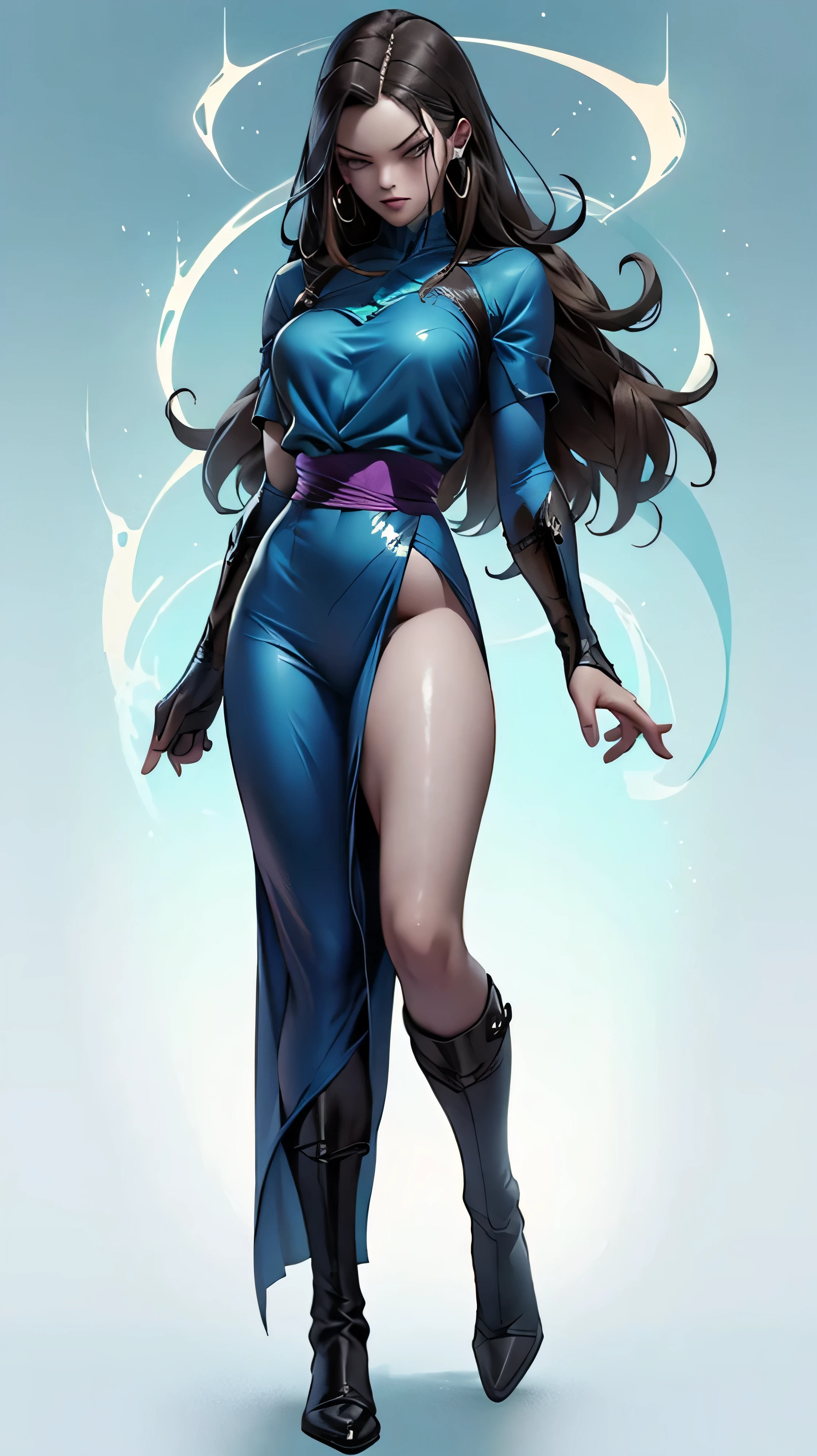 Supreme Super Saiyan, tall hair, brown hair, black and white clothing, clothing with blue lines, DBZM Dragon Ball, stunning aura, lots of action, black clothes with gray, lots of Ki energy, grass background,