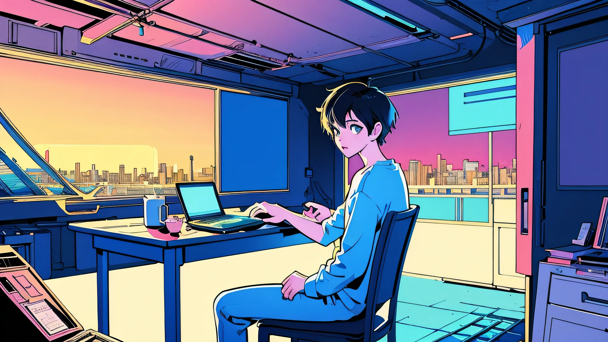 Anime man sitting at a table in front of a laptop, lo-fi Illustration Style, Digital anime illustration, Lofi Artstyle, Lofi Art, Lo-fi art, Portrait of Rofi, conrad roset and makoto shinkai, Illustration Style, Kilian Eng, Lo-fi feeling, In the style of Makoto Shinkai