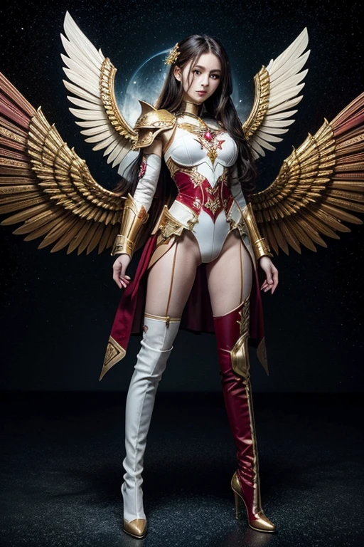 Best quality, 8K,woman, beautiful and detailed face, straight long hair,big eyelashes,(((dark red and gold embroided space armour))),((big open angel´s WHITE wings)),armlets,black belt,high heels over the knee boots,white neutral scenario,DYNAMIC ANGLE, ((dynamic pose))