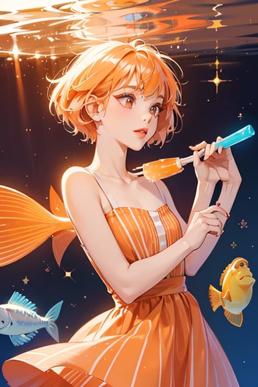 She is a light orange popsicle stick shaped fish with light red lips, a pale orange stripe on her front, and wears a lavender dress. In her older appearances, the outline of her lips were colored black instead of their default dark red outline. SPARKLE; GLITTER