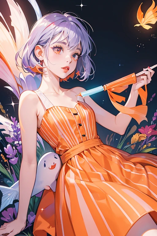 She is a light orange popsicle stick shaped fish with light red lips, a pale orange stripe on her front, and wears a lavender dress. In her older appearances, the outline of her lips were colored black instead of their default dark red outline. SPARKLE; GLITTER