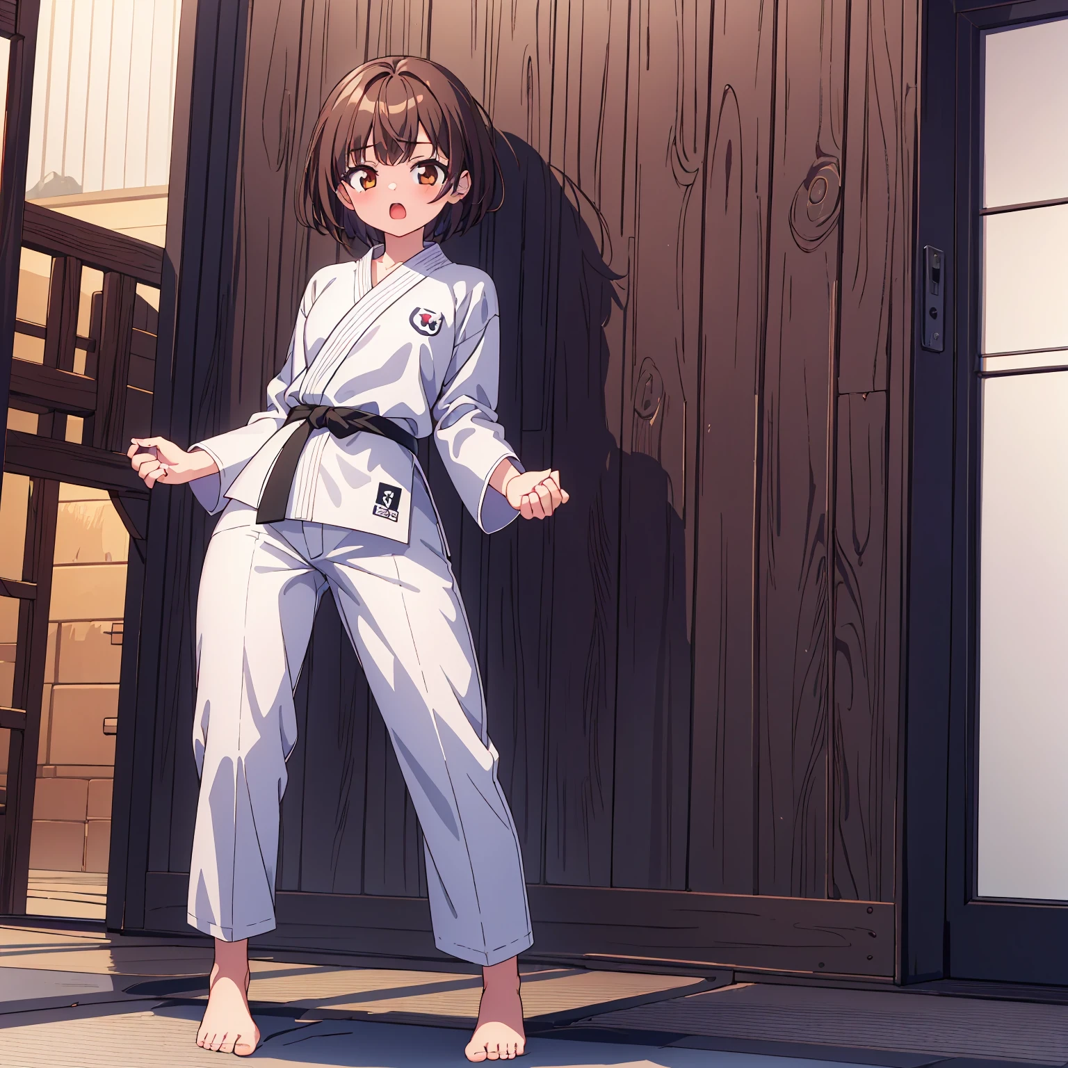 ((masterpiece, highest quality, Very detailed, Very nice 8K CG wallpaper)), One girl, alone, Medium chest, short hair, brown hair, Brown eyes, Open your mouth, blush, dougi, Long sleeve, Martial arts belt, White pants, barefoot, dojo, Straight punch, Nice hands, Perfect hands,