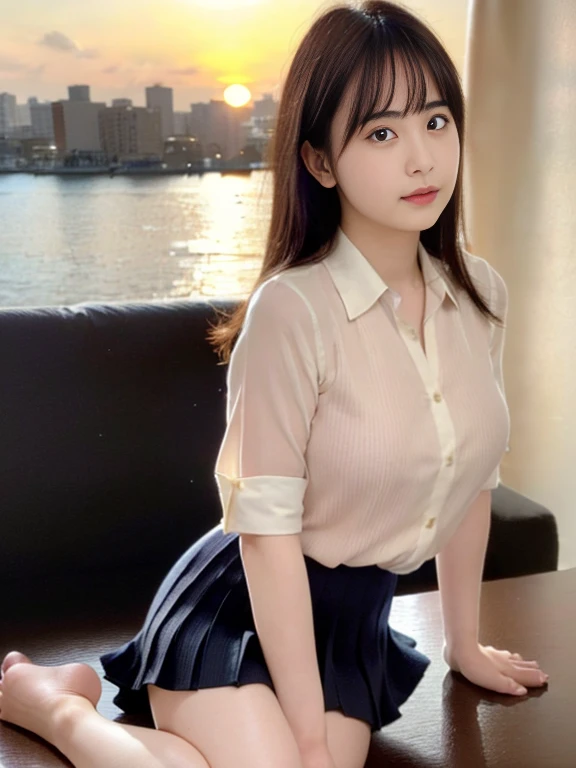 (highest quality, High resolution, Tabletop :1.3), (Shooting from below), high school girl、Wearing 、、Japanese women,（whole body）、24-years-old、Wearing a miniskirt、Healthy thighs、Even bangs、 Very beautiful face, Beautiful girls, Beautiful realistic face,Beautiful woman, Orange sunset sky, Sun and clouds with ocean in the background,  her hair is black、I have a long hairstyle。. She is wearing a white blouse and a navy pleated skirt, Stand with your feet wide apart, Blushing, looking at the camera, Dynamic photography