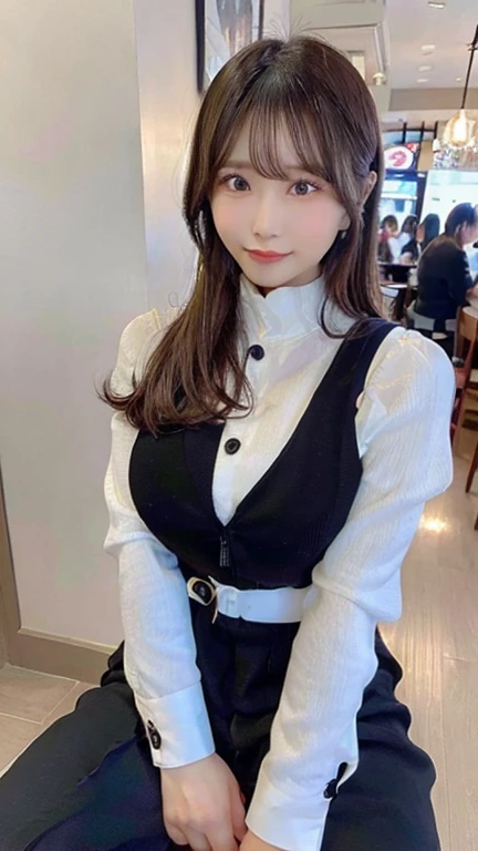 highest quality, Photorealistic, finely, High resolution, 8k wallpaper, Perfect dynamic composition, Beautiful and beautiful eyes, Tying up hair, Black Hair、Big and ample breasts, Random sexy poses,Chest to Chest、(Breast Swelling 1.3)、Laughter、(Droopy Eyes 1.4)、Adult Beauty、Japanese、Look at the person taking the photo、(astrovest):5、20-year-old girl, Cafe、full body shot、Pass the coffee
