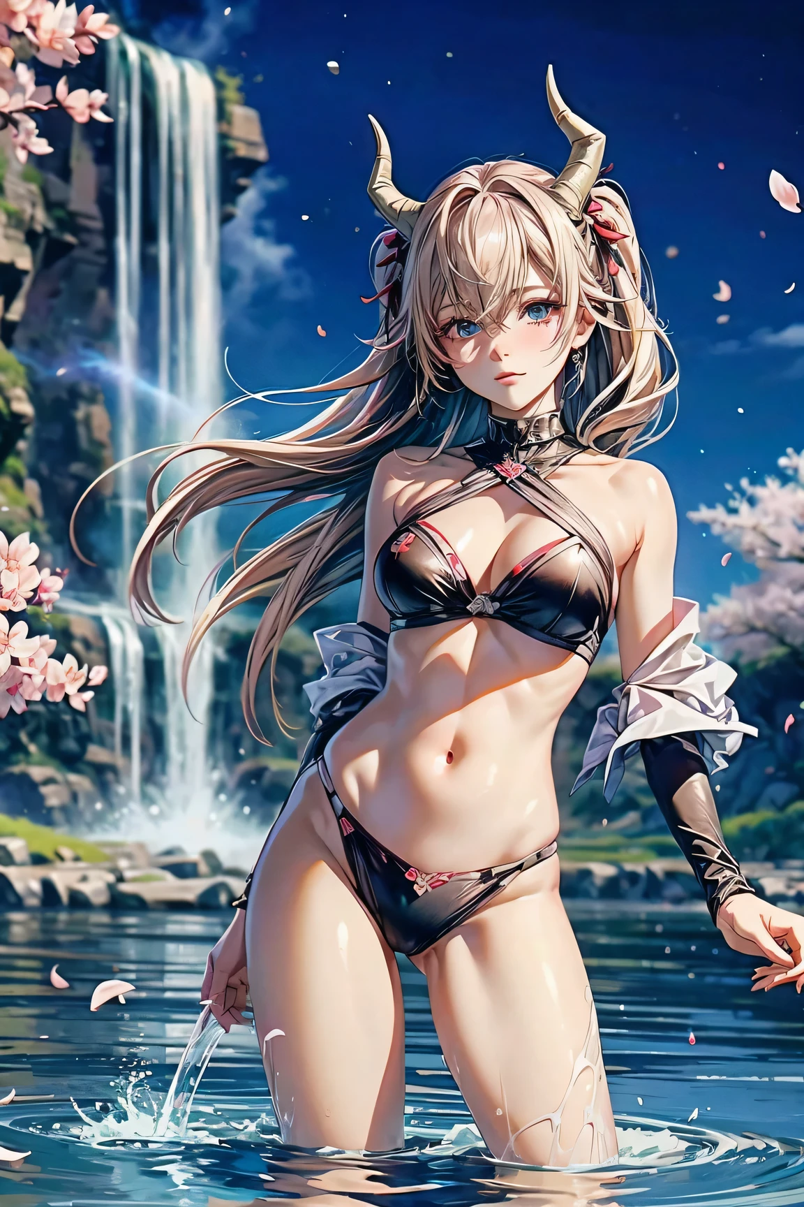 (((highest quality、masterpiece、Very high resolution、Highly detailed images、Further details)))、(Demon female:, Beautiful body、Cute face、Pink ears and twin-tail hair,Bright smile、two horns on the head,)、(Slender and Beautiful body, best skin and hair texture)、((Cute Bikini:Beautiful and colorful,Shoulders are exposed,I can see your thighs)),((Mystical Waterfront:Beautiful waterfall and cherry blossoms,Fantastic night sky,Natural light,Beautiful views,Beautiful views,Beautiful colors)),(Water Play,Beautiful pose,Model shoot,Hair flutters under the influence of the wind),Beauty Painting,Overall image、Accurate Images、Accurate anatomy、Flawless images,(Best Shot,Raw photo:1.2)