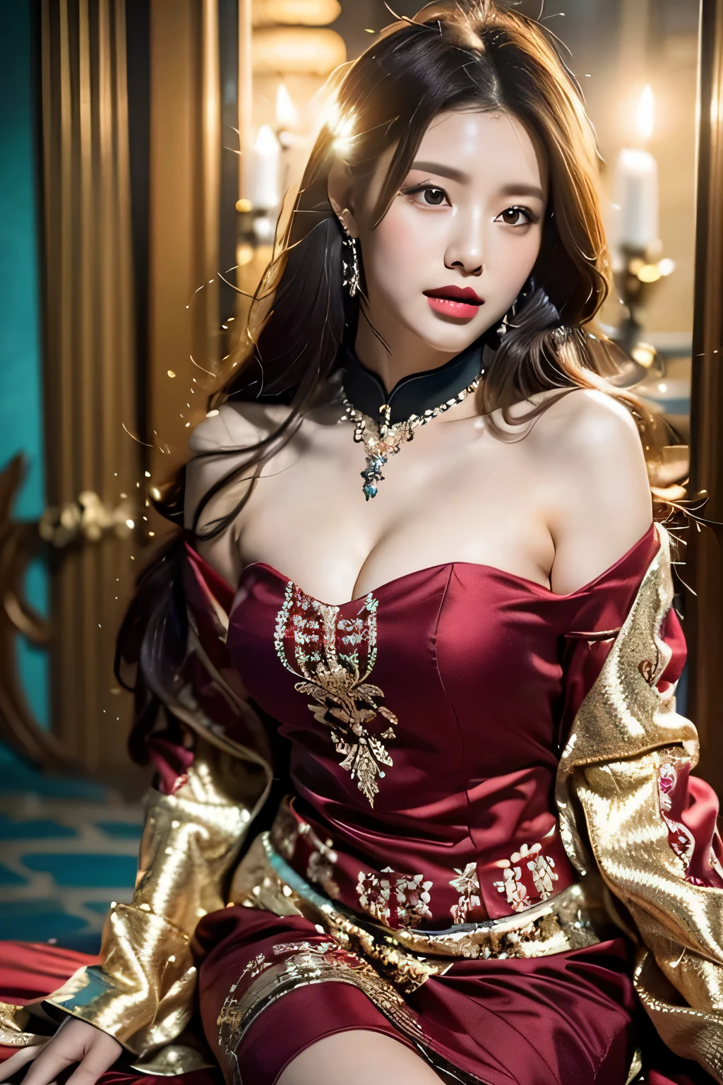 (((Royal palace decorated with intricate patterns and symbols of authority in an ancient castle at night)))、(((On a majestic jade throne々sit with:1.3)))、Beautiful idol girl、A gothic dress featuring intricate lace details and vibrant colors.、((((Vivid gorgeous cosplay gothic dress of mythical creature)))、(Illuminated by a single candle at night:1.3), Cute round face,(((Brown and burgundy two-tone hair)))、Blushing cheeks,Pointed red mouth,big breasts,Emphasize the chest,Perfect body curves,Beautiful clavicle、Detailed clothing features,Detailed hair features,Detailed facial features,Looking at the camera,(Dynamic angles),(Dynamic and sexy pose),Cinematic Light,(Mastepiece,highest quality,Ultra-high resolution output images,Depth of written boundary,Intricate details,Make the subject three-dimensional with the contrast of light and shadow,) ,Digital illustration,Single-lens reflex camera, (Photorealistic:1.3),(8k quality,Anatomically correct facial structure,),(Sea Art 2.0 mode:1.3),(Image Mode Ultra HD,)
