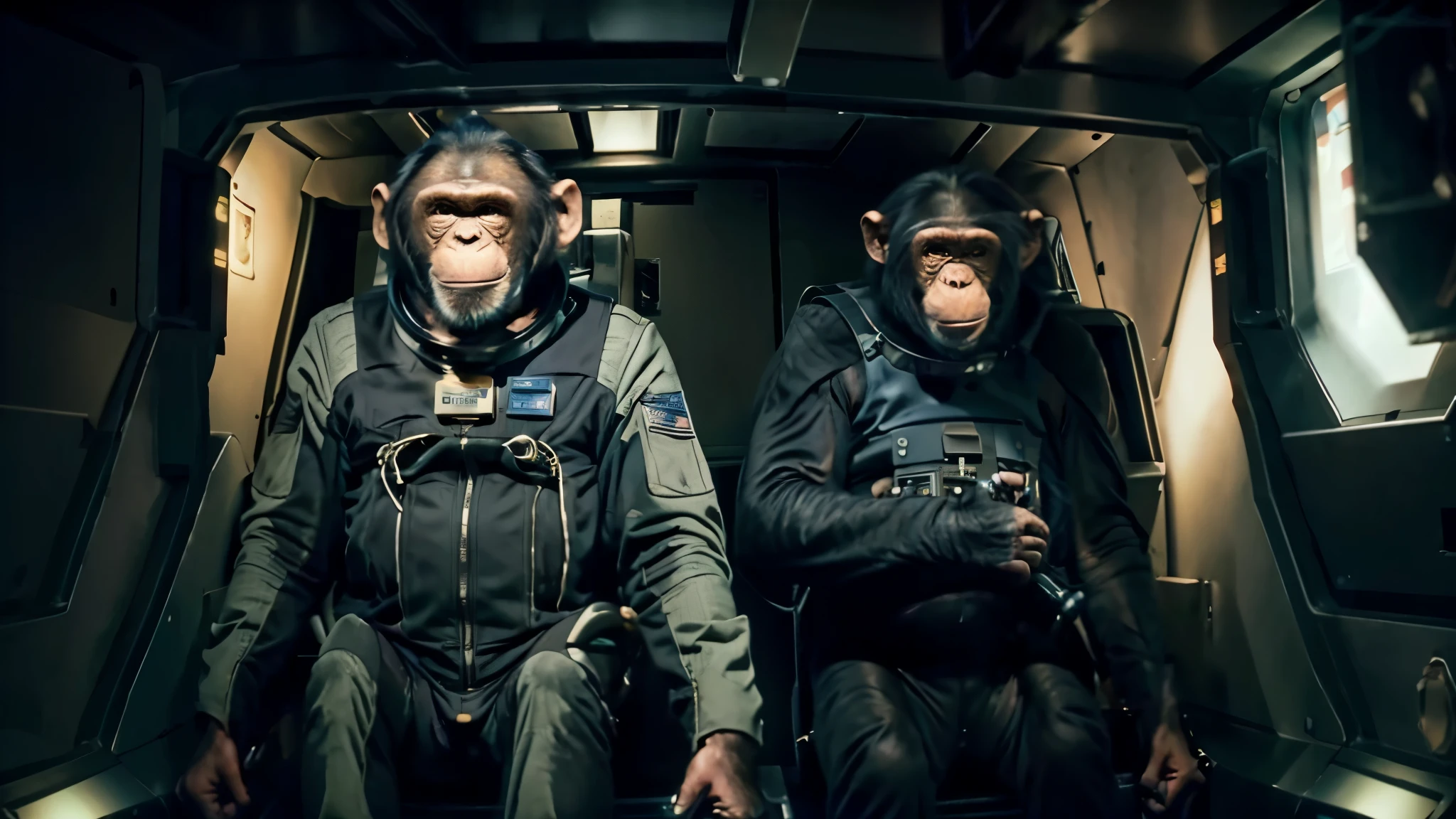 ((a chimp pilot in a space suit and cockpit controlling a space tug in outer space)), masterpiece, best, photo realistic