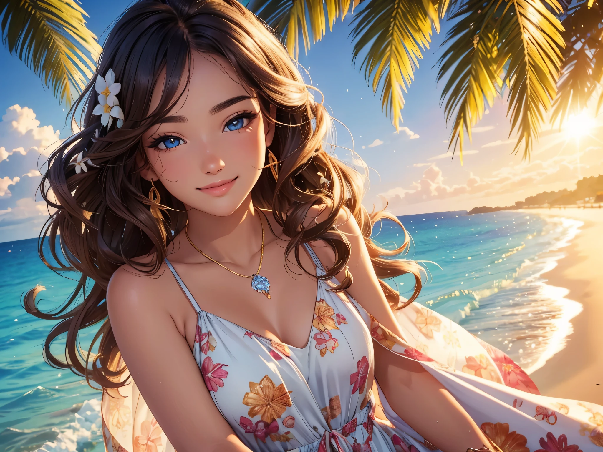 (best quality,4k,8k,highres,masterpiece:1.2),ultra-detailed,beautiful detailed eyes,beautiful detailed lips,extremely detailed eyes and face,long eyelashes,beautiful,
vivid colors,ultra-fine painting,sharp focus,physically-based rendering,warm tones,natural lighting,sun-kissed,wavy hair,summer,sexy,seaside,happy expression,bronzed skin,floral dress,beach background,joyful,relaxed,eyes sparkling with happiness.