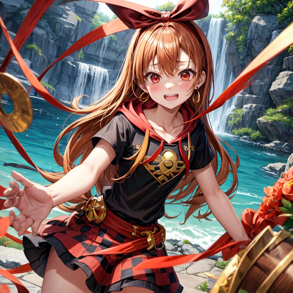 Brown, red, gold, golden hair、Red eyes、One good looking girl、solo、anime、Checkered mini skirt、Black camisole、Black T-shirt、hoodie、Wearing a ribbon、Ribbon on waist、Crystal Earrings、treasure石のネックレス、Light and shadow、Tilting face、Teeth are visible、waterfall、Kuroko、treasure、wearing goggles on head、Feather coat、tunnel、pylon
