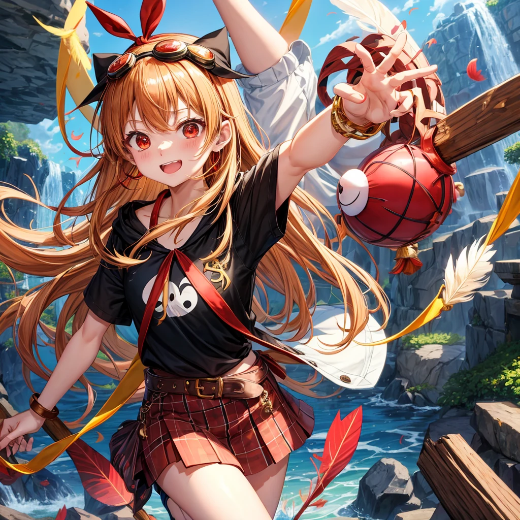 Brown, red, gold, golden hair、Red eyes、One good looking girl、solo、anime、Checkered mini skirt、Black camisole、Black T-shirt、hoodie、Wearing a ribbon、Ribbon on waist、Crystal Earrings、treasure石のネックレス、Light and shadow、Tilting face、Teeth are visible、waterfall、Kuroko、treasure、wearing goggles on head、Feather coat、tunnel、pylon
