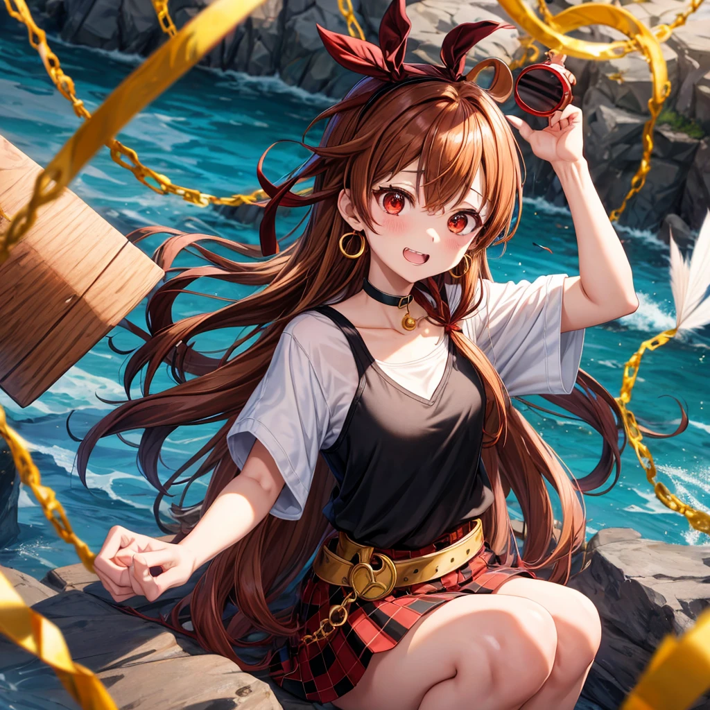 Brown, red, gold, golden hair、Red eyes、One good looking girl、solo、anime、Checkered mini skirt、Black camisole、Black T-shirt、hoodie、Wearing a ribbon、Ribbon on waist、Crystal Earrings、treasure石のネックレス、Light and shadow、Tilting face、Teeth are visible、waterfall、Kuroko、treasure、wearing goggles on head、Feather coat、tunnel、pylon