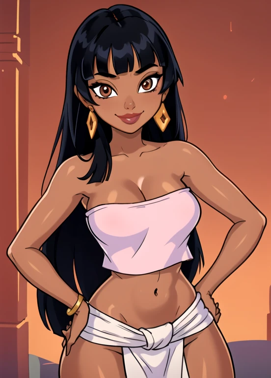 masterpiece, best quality, 1girl, solo, chel, black hair, long hair, blunt bangs, brown eyes, dark skin, lipstick, tube top, cleavage, bare shoulders, earrings, seductive smile, hands on hips, looking at viewer, temple background
