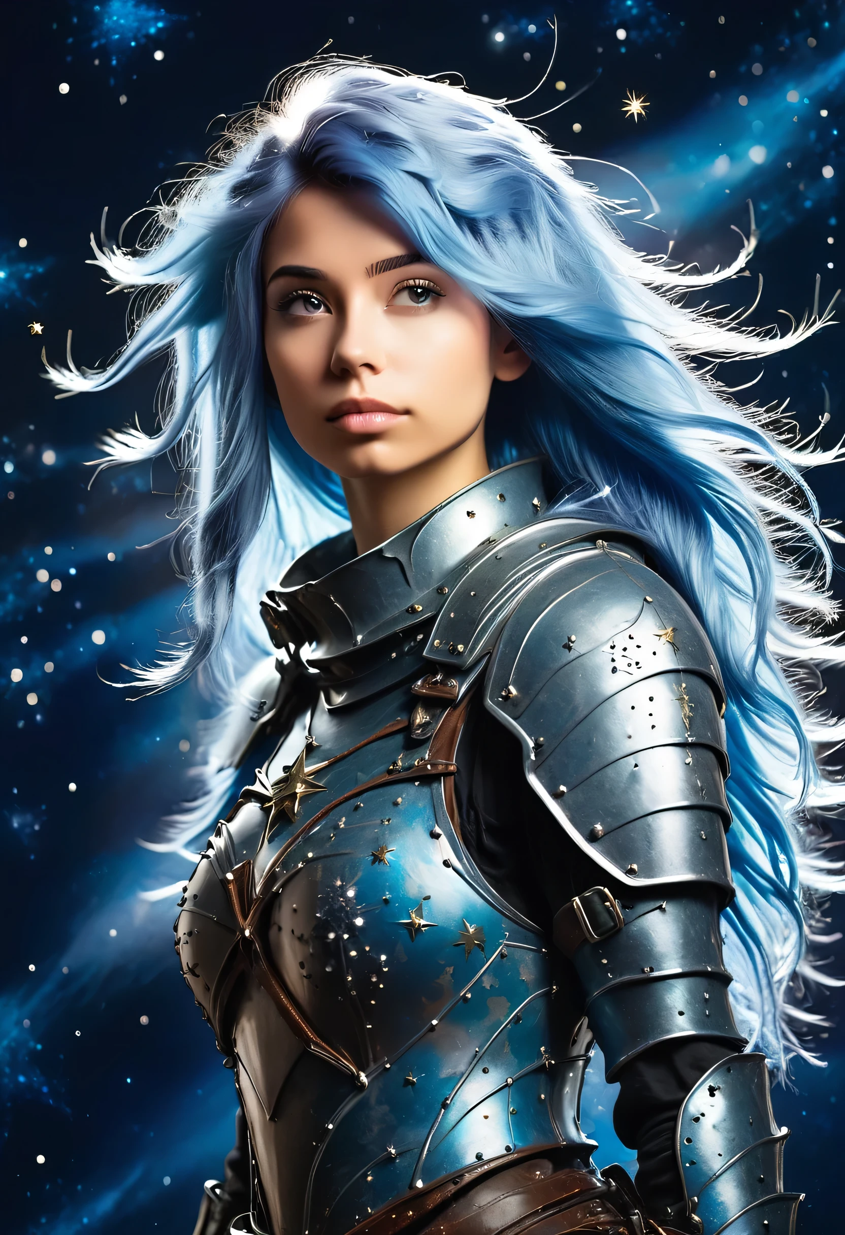 a stylized young woman warrior ((silhouette)) formed by bright stars. with straight long light blue messy hair. medieval silver armor. Cosmic background.