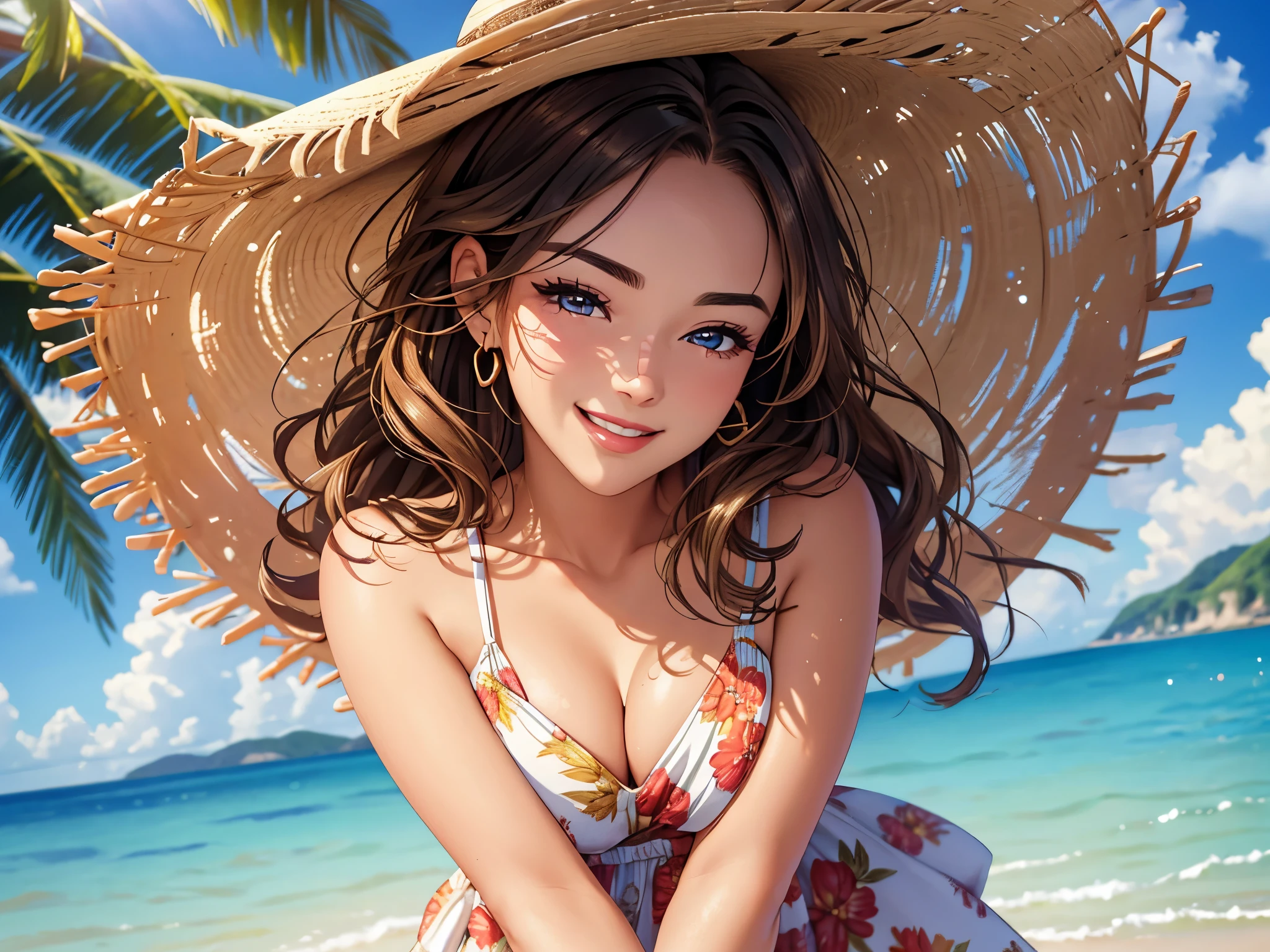 (best quality,4k,8k,highres,masterpiece:1.2),ultra-detailed,beautiful detailed eyes,beautiful detailed lips,extremely detailed eyes and face,long eyelashes,beautiful,
vivid colors,ultra-fine painting,sharp focus,physically-based rendering,warm tones,natural lighting,sun-kissed,wavy hair,summer,sexy,seaside,happy expression,bronzed skin,floral dress,beach background,joyful,relaxed,eyes sparkling with happiness.