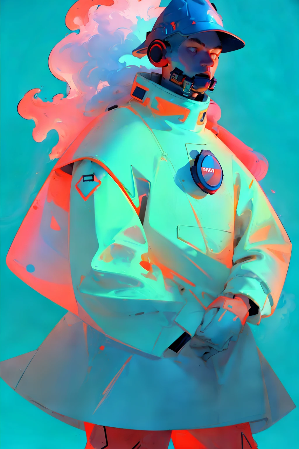  (ultra detailed,ultra high res,detailed background),((2D)),((flat color)),((muted color)), 1solo, looking at viewer, white hazmat suit, (big red galoshes), plush collar, full body image, square helmet, ((smokey blue background))