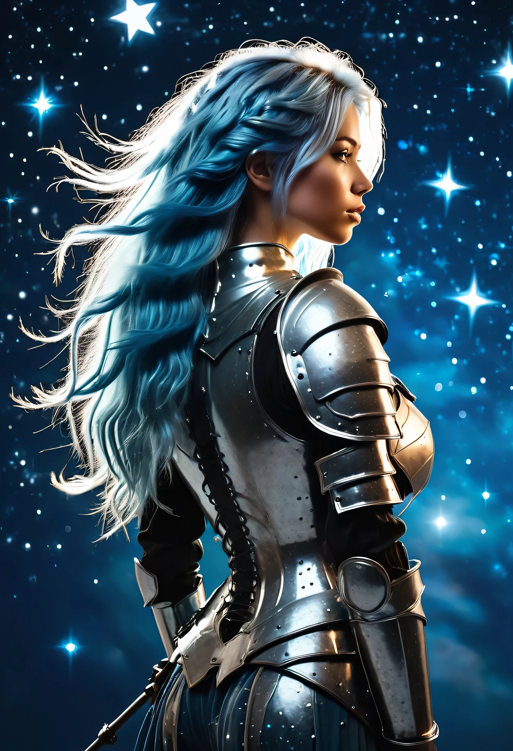 a stylized young woman warrior ((silhouette)) formed by bright stars. with straight long light blue messy hair. medieval silver armor. Cosmic background.