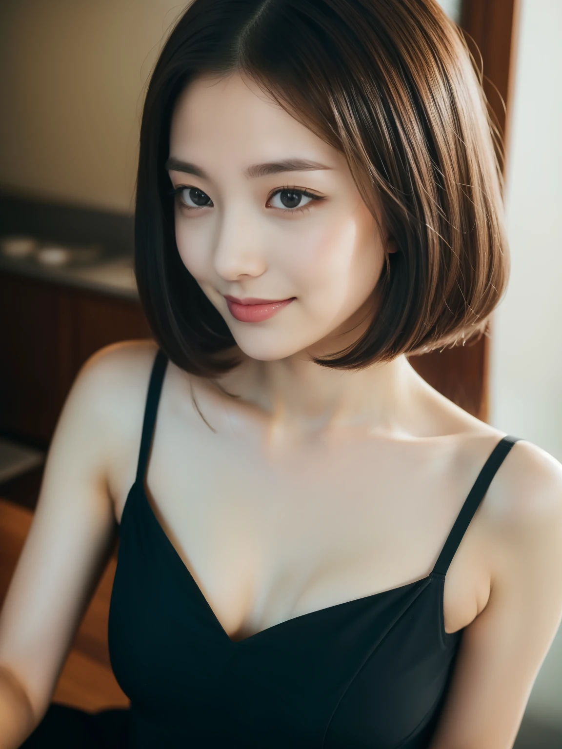 ((best quality, 8K, masterpiece: 1.3)), beautiful woman, pure, melon face, kind and cute, sweet smile, pure desire, slender body, (front), (tilted head), ((looking at camera)), pure desire, wearing a random primary color short dress, black silky medium hair, long flowing shoulders, round black big eyes, clear big eyes, moist red lips, sweet, sitting in a coffee shop, cafe background, 28 years old,  (chest to head shot),