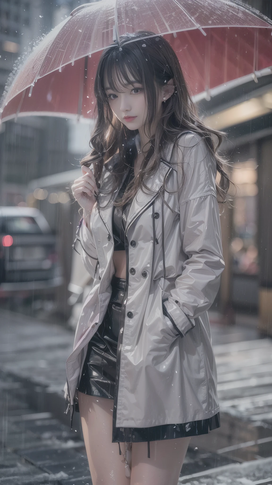 (Realistic:1.5, 16k, highest quality, masterpiece, Ultra-high resolution), ((heavy snow, From below)), Perfect dynamic composition:1.2, (Modern city at night, In front of the supermarket at night, Expressions of sadness:0.9, Bend your knees and squat:0.9), Highly detailed skin and facial textures:1.2, Young Japanese woman getting wet in the rain:1.3, Incredibly slim body:1.2, Fair skin:1.2, Sexy beauty:1.1, Beautiful and aesthetic:1.1, Very beautiful face:1.2, Water droplets on the skin, (The rain drips down on my body:1.2, Wet body:1.2, Wet Hair:1.3), (Wet tight skirt:1.2, Wearing wet formal clothes:1.3), (Shapely large breasts, Chest gap), (Big eyes that exude beautiful eroticism:0.8, Lips that exude beautiful eroticism:0.8), necklace, Earrings, bracelet, wedding ring, Shoulder bag, clock