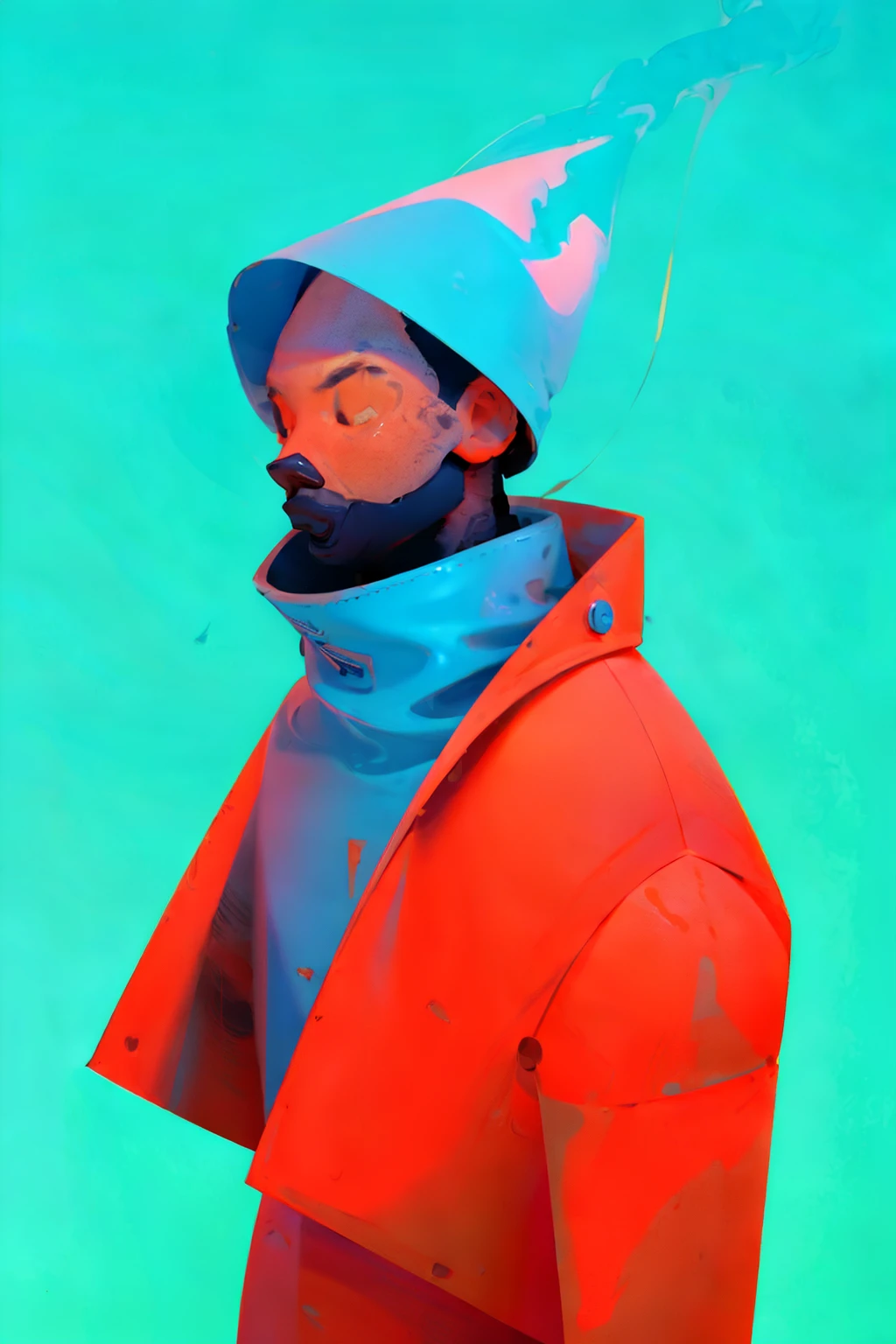 full body image,  (ultra detailed,ultra high res,detailed background),((2D)),((flat color)),((muted color)), 1solo, looking at viewer, white hazmat suit, (big red galoshes), plush collar, full body image, square helmet, ((smokey blue background)), ((apocalyptic city)), entire body in frame, 