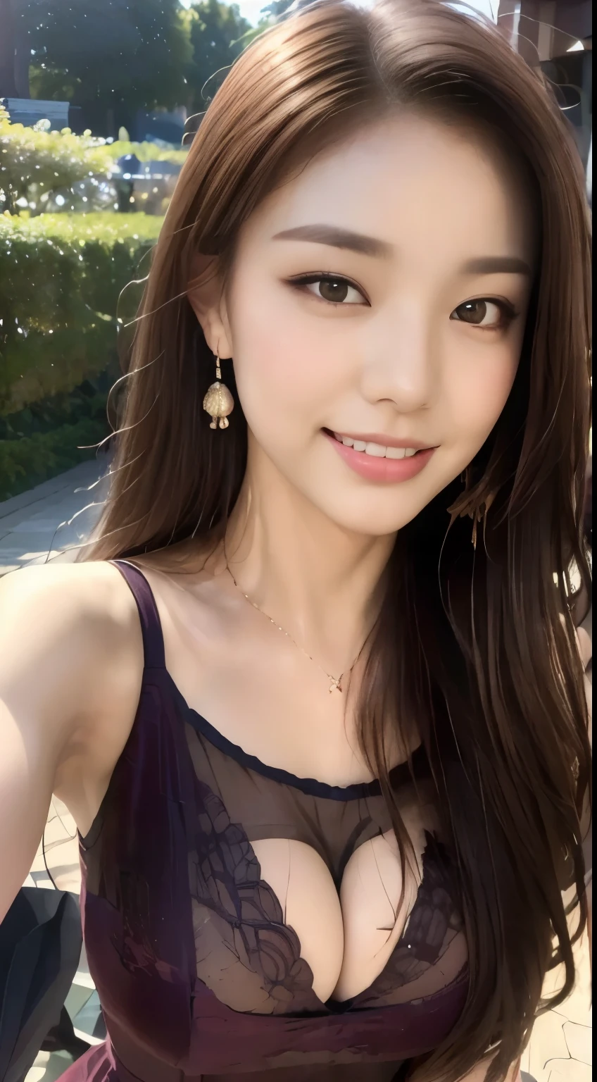 ((highest quality, 8k, masterpiece :1.3)), One girl, Selfie, close, Affectionate smile, Slim face, Beautiful woman, (Dark brown hair), Big Breasts:1.3,Full-length dress :1.1, Highly detailed face, Fine grain, double eyelid, Blur the background, Slim face, city, outside, street, sunny, null, nature