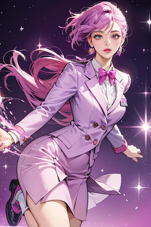 She has lavender-colored skin and has pink lips. She wears a business uniform that contains a magenta suit over a purple dress, a yellow and white name tag on the suit and plum-colored shoes. In her older appearances, her suit was magenta and her name tag was colored light blue and white. SPARKLE; GLITTER