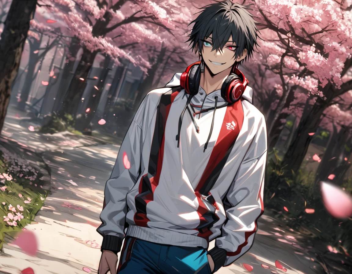 absurdres, highres, ultra detailed, HDR, master piece, best quality, Yamada Ichiro, chin length black hair, Hypnosis Mic, heterochromia, right eye is red, left eye is green, a white hoodie with two zippers, red varsity jacket, red headphones around his neck, blue pants, solo, sexy man, handsome, smile, spring, blossoms, trees, pink petals, pink butterflies