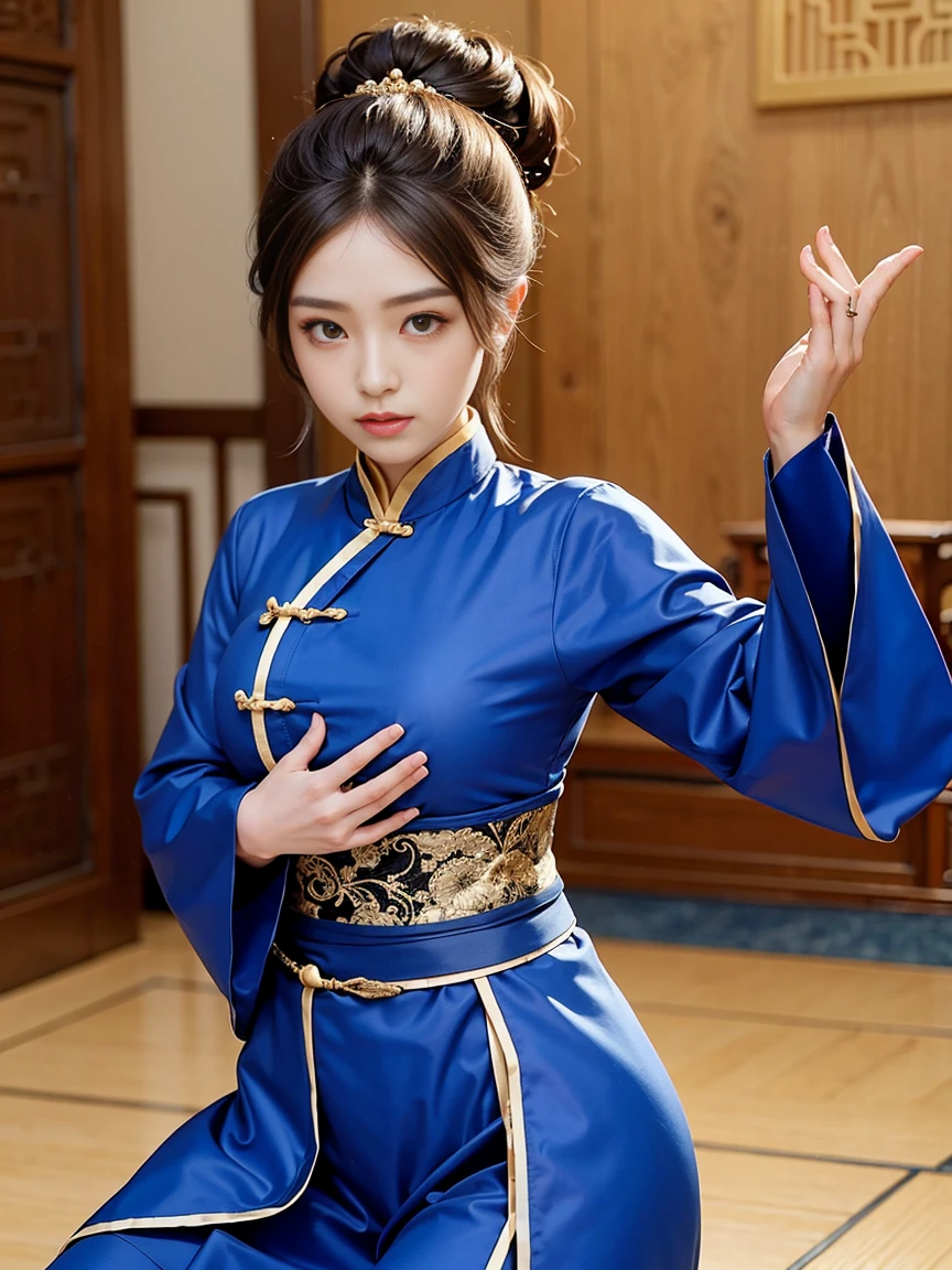 handsome chinese girl, clear eyes, clear facial features, wearing Hanfu, fighting stance, Martial arts moves, A body wrapped in purple mist, Runes around, holographic reality, holographic halo, motion blur, game light effects, edge light, soft light, movie edge light, delicate light, masterpiece, Super detailed, magnificent composition, super hd, high quality, 最high quality, 32k