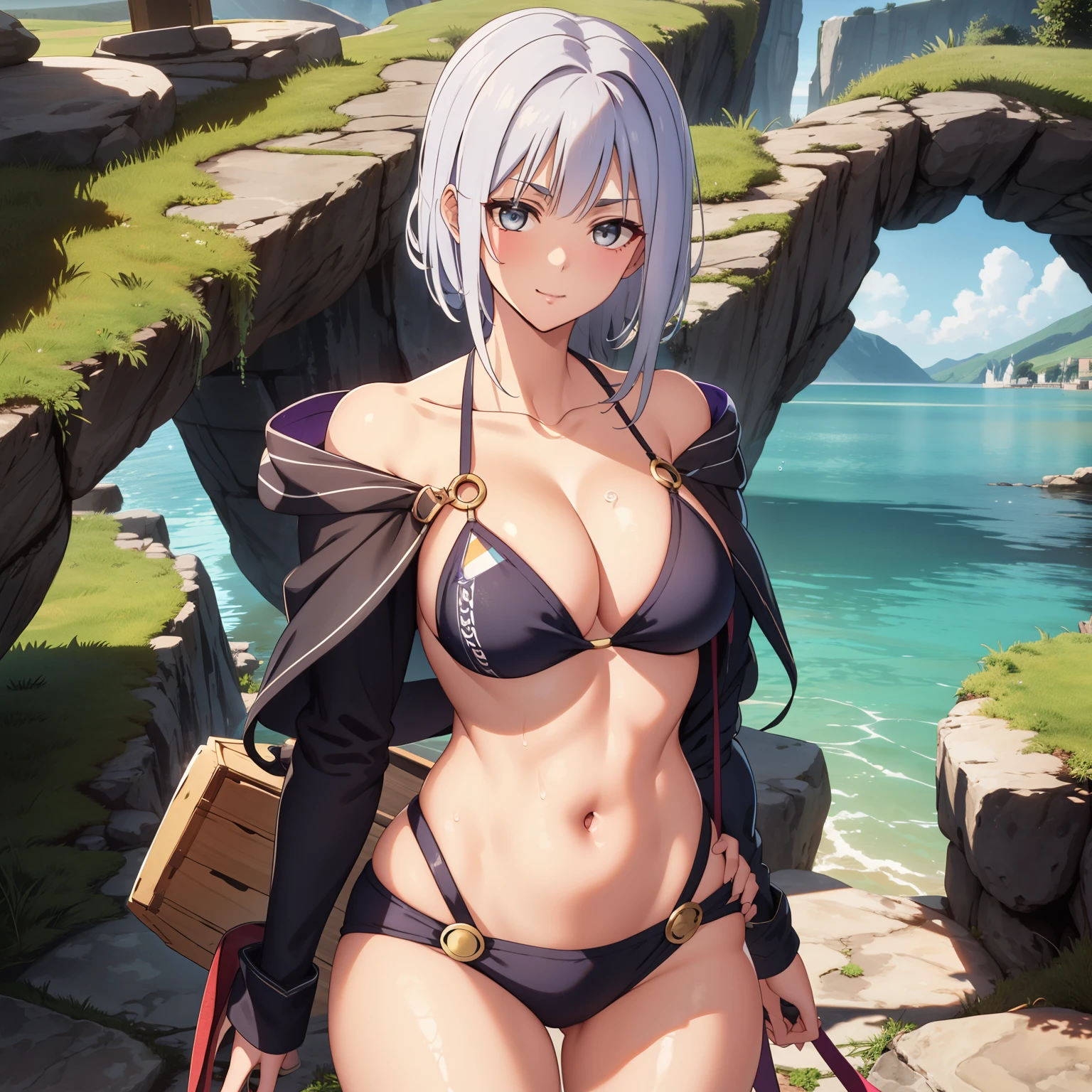 mujer. 27 years old silver hair largo, ojos plateados. cinta azul en su cabeza, sonrisa ligera. pechos grandes, bikini violeta, gotas de agua en su pecho, fondo un lago.