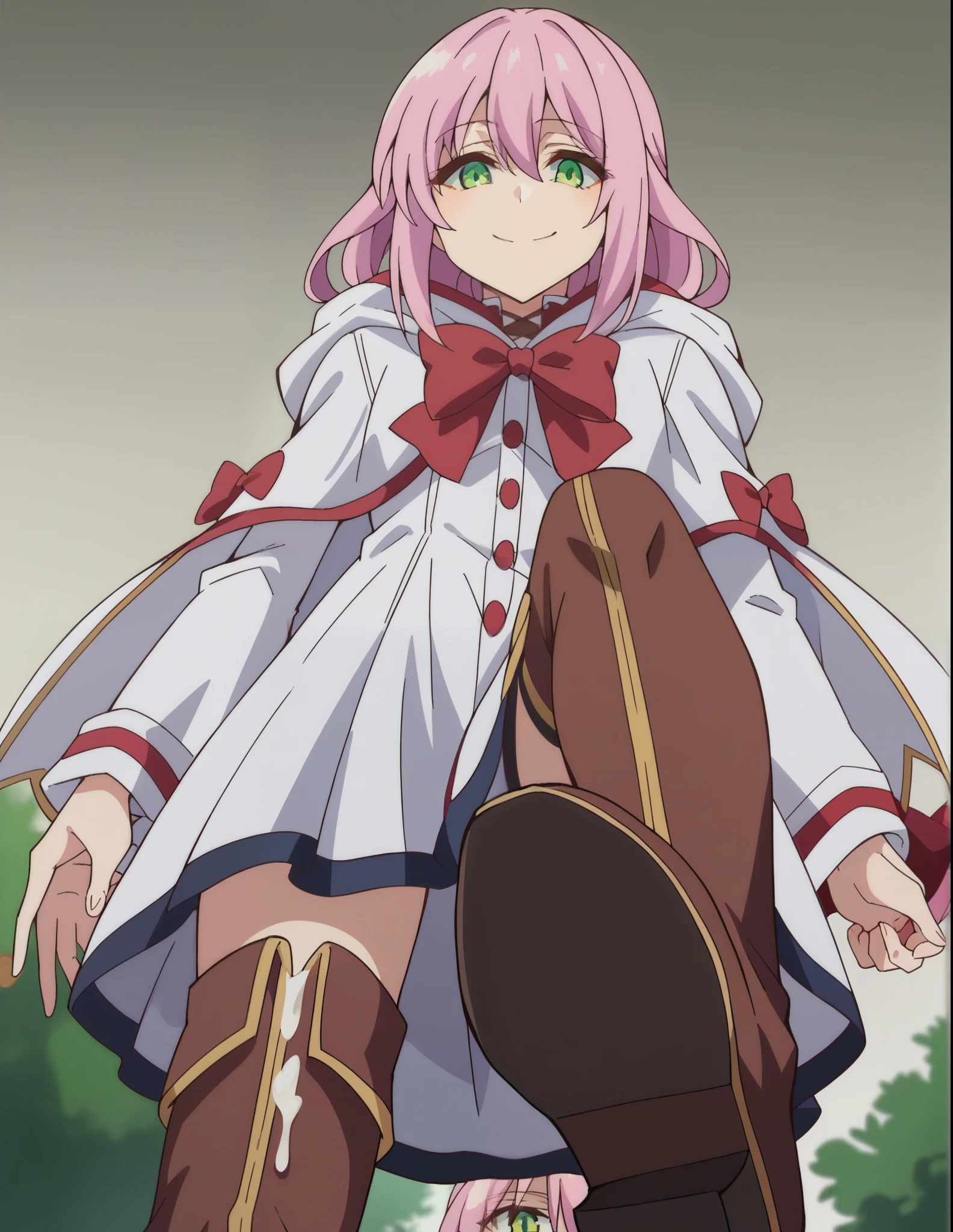 score_9, score_8_up, score_7_up, source_anime, nornclatalissajioral, norn clatalissa jioral, long hair, hair between eyes, green eyes, pink hair, long sleeves, dress, bow, red bow, hood, robe, white robe, smile, looking at viewer, smile, from_below, thigh high boots, brown boots, white_background, femdom, cbt, trampling, boots stepping on penis, stepped_on, penis, shoe_soles, leg_up, sadism, cum on boots, nsfw