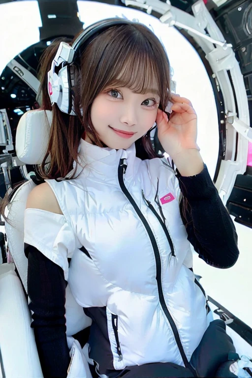 High resolution, highest quality, Perfect dynamic composition, Beautiful details, Off the shoulder、Shiny Hair、Medium Hair, Natural color lip, university student、Harajuku、smile、(headphone),(headphone),(astrovest):3,(black sleeves):5,inside spacestation,inside spacecraft,,zero gravity,smile,open leg,blush:1.5,hidden hands,neotech