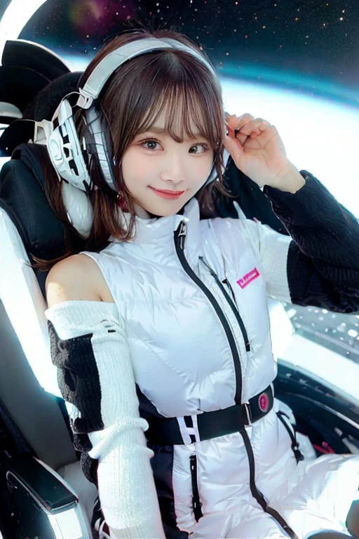 High resolution, highest quality, Perfect dynamic composition, Beautiful details, Off the shoulder、Shiny Hair、Medium Hair, Natural color lip, university student、Harajuku、smile、(headphone),(headphone),(astrovest):3,(black sleeves):5,inside spacestation,inside spacecraft,,zero gravity,smile,open leg,blush:1.5,hidden hands,neotech