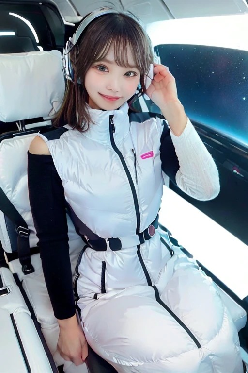 High resolution, highest quality, Perfect dynamic composition, Beautiful details, Off the shoulder、Shiny Hair、Medium Hair, Natural color lip, university student、Harajuku、smile、(headphone),(headphone),(astrovest):3,(black sleeves):5,inside spacestation,inside spacecraft,,zero gravity,smile,open leg,blush:1.5,hidden hands,neotech