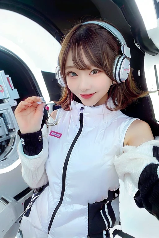 High resolution, highest quality, Perfect dynamic composition, Beautiful details, Off the shoulder、Shiny Hair、Medium Hair, Natural color lip, university student、Harajuku、smile、(headphone),(headphone),(astrovest):3,(black sleeves):5,inside spacestation,inside spacecraft,,zero gravity,smile,open leg,blush:1.5,hidden hands,neotech