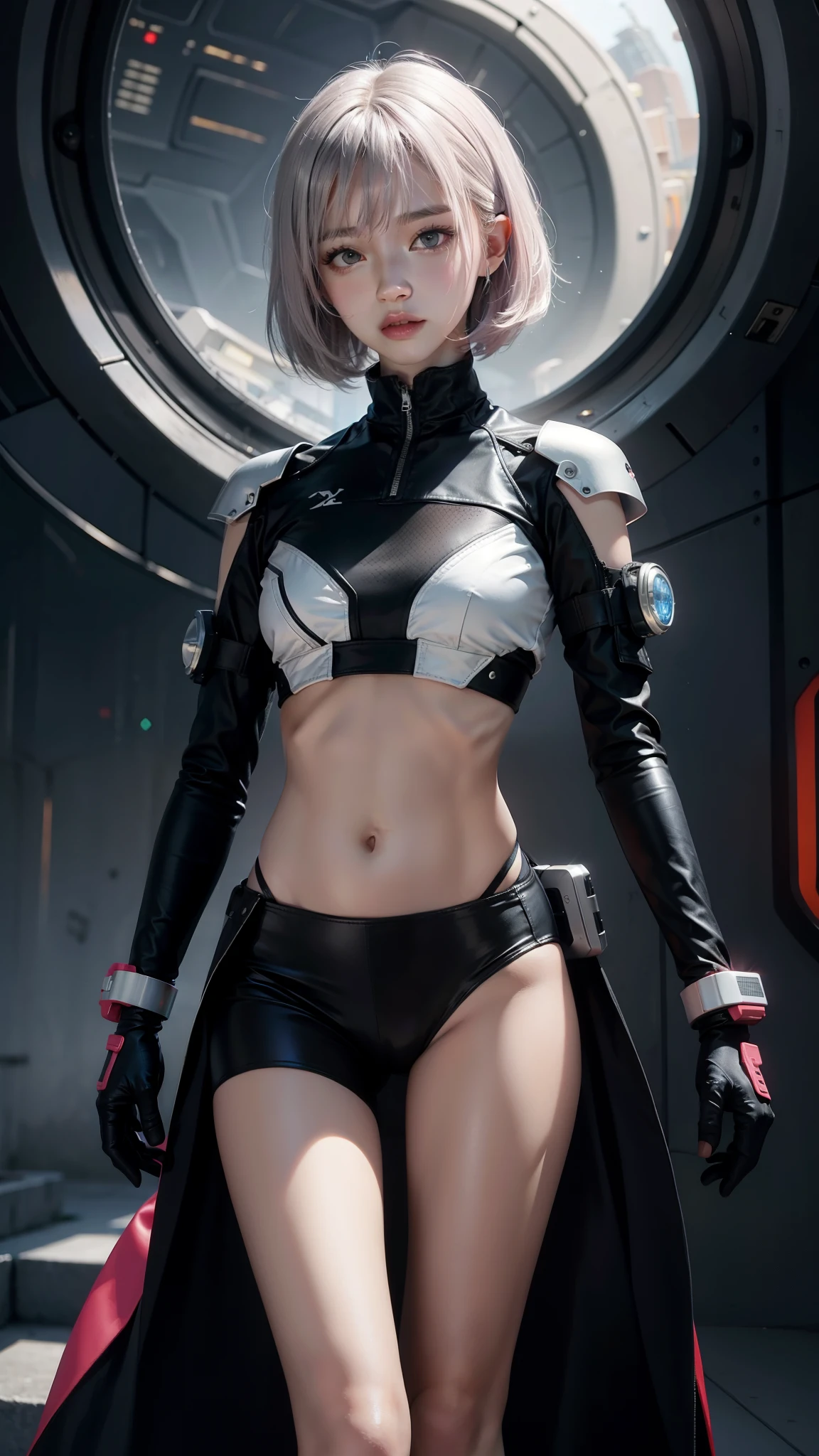 Space City Futuristic City Cyberpunk Sci-Fi World Fantasy Top Quality,and beautiful slender young girls,all very ,sun rise,Shoulder exposed,Navel exposed,17 year old beautiful girl,Korean Beautiful Girl,kpop Idol Star Beautiful Girl,Short bob hair or super long hair,Beautiful looks,A cute young face,small hip,Thin legs,pink silver hair,