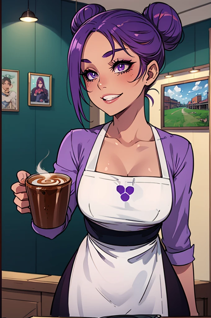 Masterpiece, best quality, close-up, 20 years old, college student, centered in frame, portrait, female, mid section and face only, dark sun tan skin, excited expression, black long sleeve shirt with white apron, short, young, coffee cup,eyes winking eyes, big smile,no make-up, barista, peach lips, space bun hair, pastel purple hair, cafe landscape, purple eyes, beautiful,