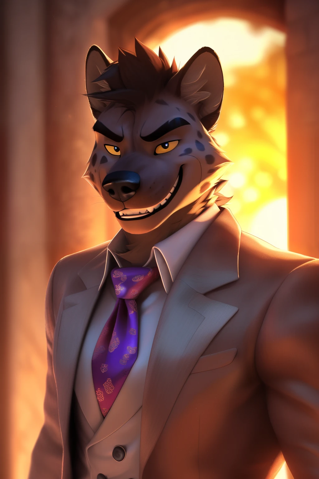 (An exquisite and captivating artwork featuring a hyena in a formal attire, donning a sophisticated tie. The hyena's expression radiates a charming and mischievous grin, showcasing his unique character and personality. The artwork is rendered in 3D, in the highest quality, showcasing the intricate details of the hyena's fur, his expressive face with detailed eyes, and his realistic, muscular body. The scene is set against a bright and well-lit room, emphasizing the vivid colors and textures. By HyenaHavoc, by ArtisticTieDHyena, best quality, masterpiece, perfect anatomy, detailed picture.)
