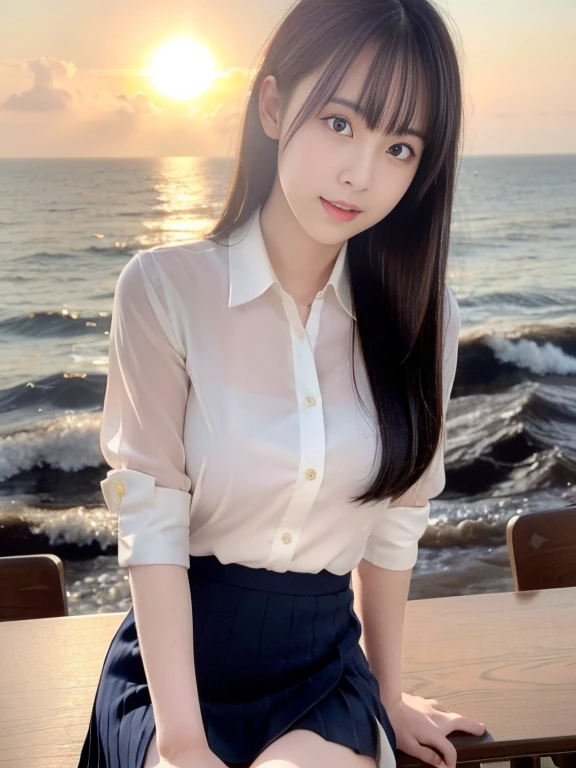 (highest quality, High resolution, Tabletop :1.3), (Shooting from below), high school girl、Wearing 、、Japanese women,(whole body)、24-years-old、Wearing a miniskirt、Healthy thighs、Even bangs、 Very beautiful face, Beautiful girls, Beautiful realistic face,Beautiful woman, Orange sunset sky, Sun and clouds with ocean in the background, her hair is black、I have a long hairstyle。. She is wearing a white blouse and a navy pleated skirt, Stand with your feet wide apart, Blushing, looking at the camera, Dynamic photography