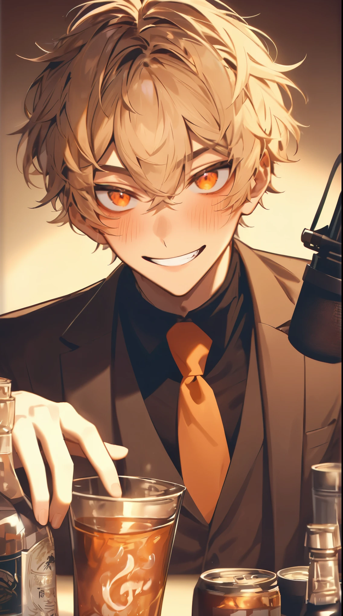 Long, narrow eyes, A young man with blond, short hair and orange, almond-shaped eyes is dressed casually. He is seated at a table, which is lined with various bottles and cans of liquor. He holds a glass in his hand and cozy lighting illuminates his features and his drink. He is recording an ASMR session, with a high-quality microphone capturing the sounds of pouring and drinking drinks, creating a relaxed atmosphere