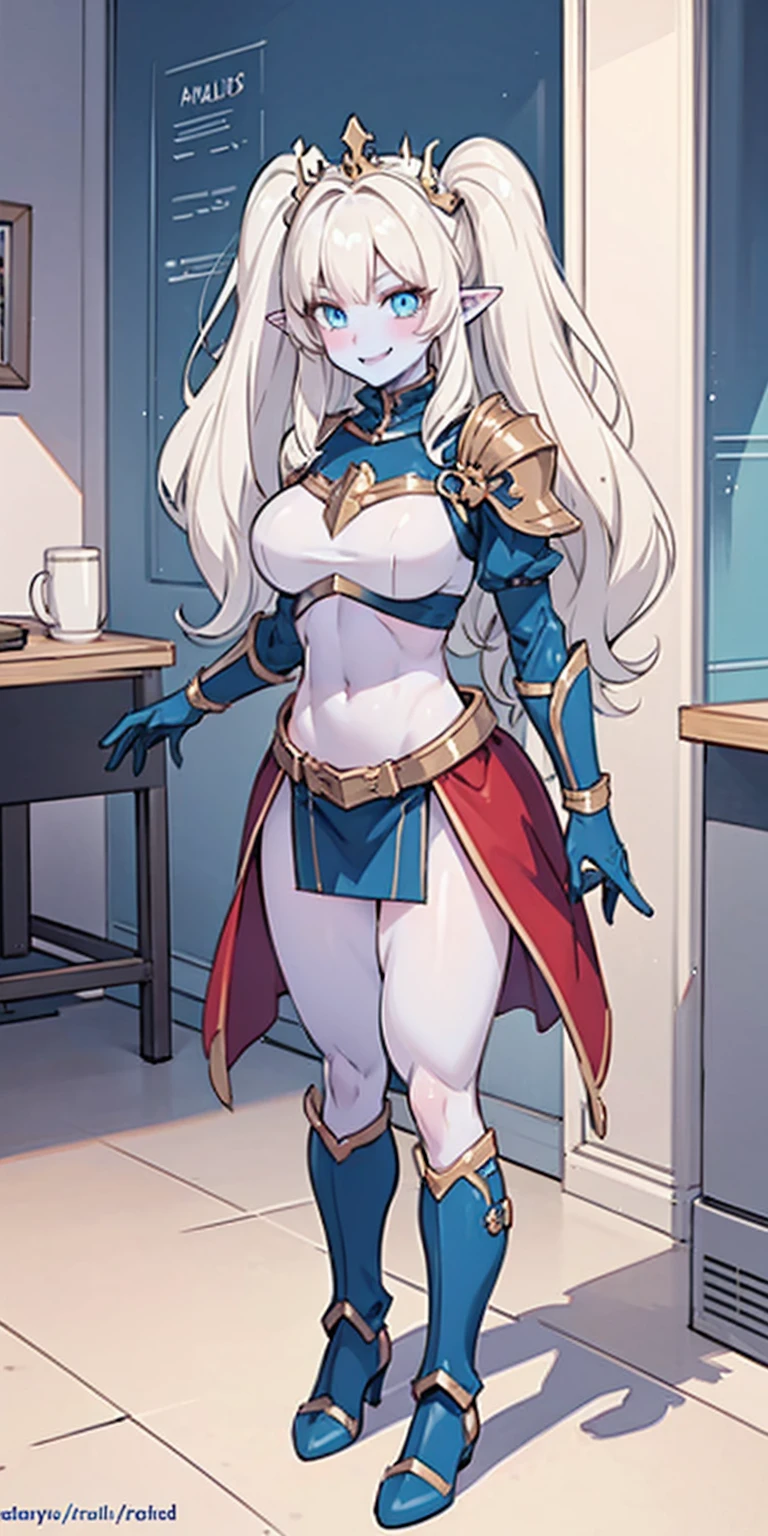 full body, BLUE breastplate, BLUE skin, looking at viewer, shiny,armor, thighhighs, high boots,shoulder armor, faulds, poleyn, gloves, gauntlets, Rerebrace armored boots, pauldrons,(masterpiece, best quality, ultra-detailed, best shadow) yordle (1girl)(BLUE skin:1.2) pointy ears muscular lean platinum blonde long twin-tails hairstyle at the office lustful smirking smile face red blushed, blush, strong abs, female body builder, tiara, twin drills hair