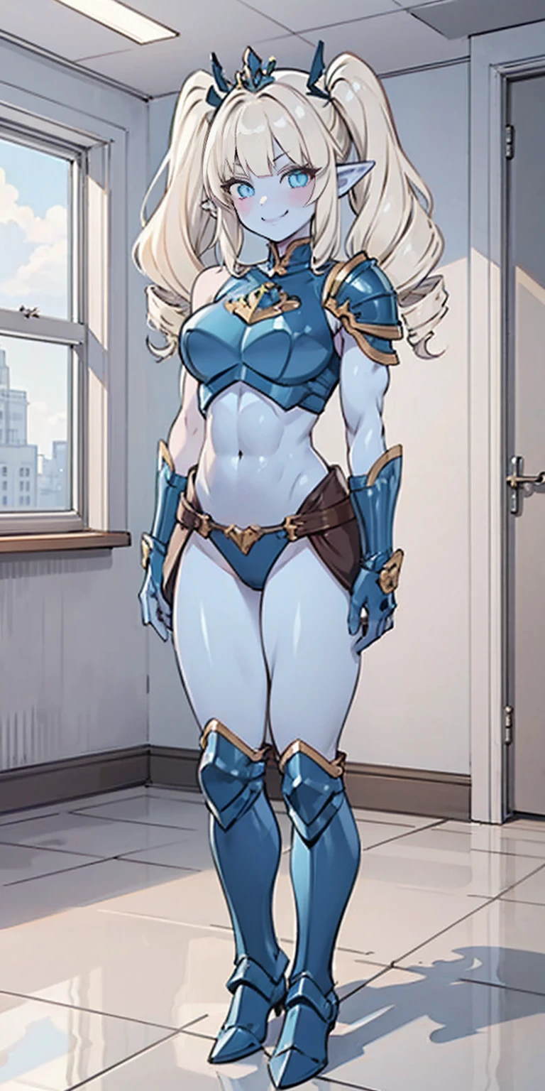 full body, BLUE breastplate, BLUE skin, looking at viewer, shiny,armor, thighhighs, high boots,shoulder armor, faulds, poleyn, gloves, gauntlets, Rerebrace armored boots, pauldrons,(masterpiece, best quality, ultra-detailed, best shadow) yordle (1girl)(BLUE skin:1.2) pointy ears muscular lean platinum blonde long twin-tails hairstyle at the office lustful smirking smile face red blushed, blush, strong abs, female body builder, tiara, twin drills hair
